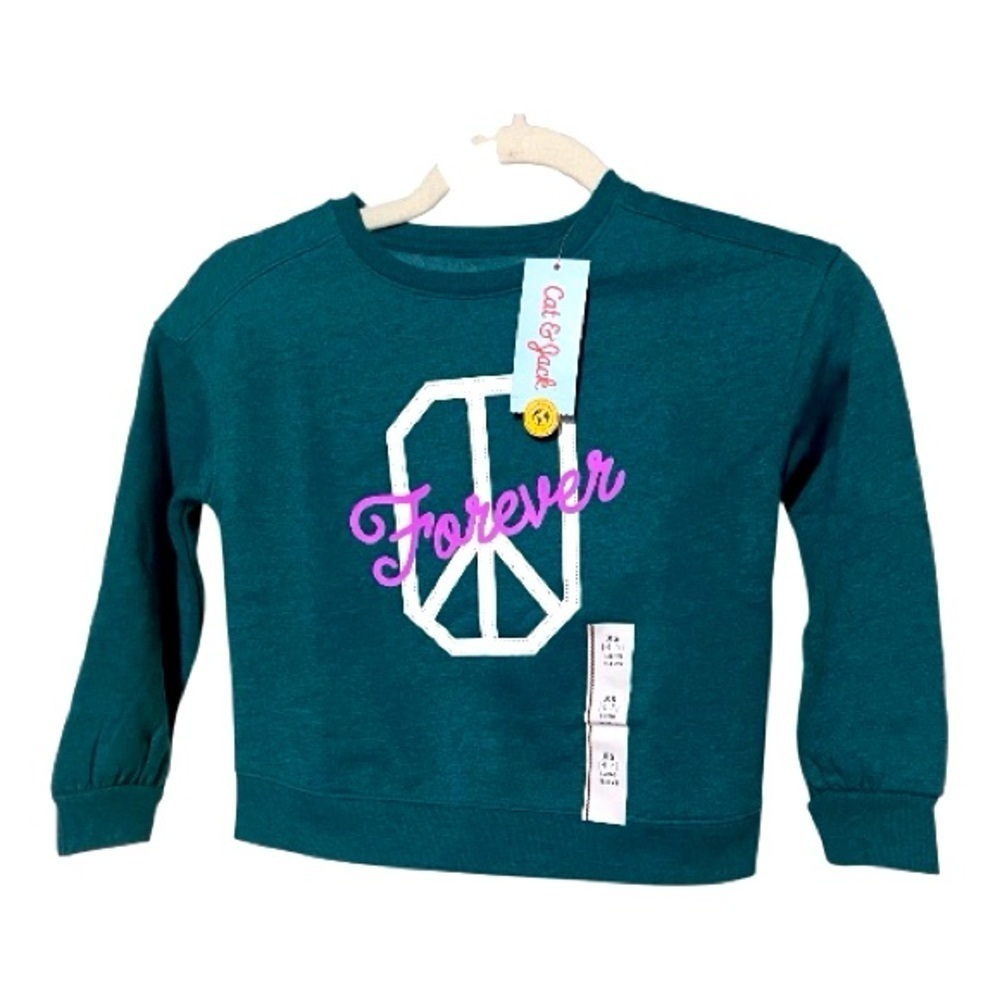 Cat & Jack Girls’ Fleece Crew Pullover Sweatshirt Dark Green XS (4/5) - Picture 3 of 3